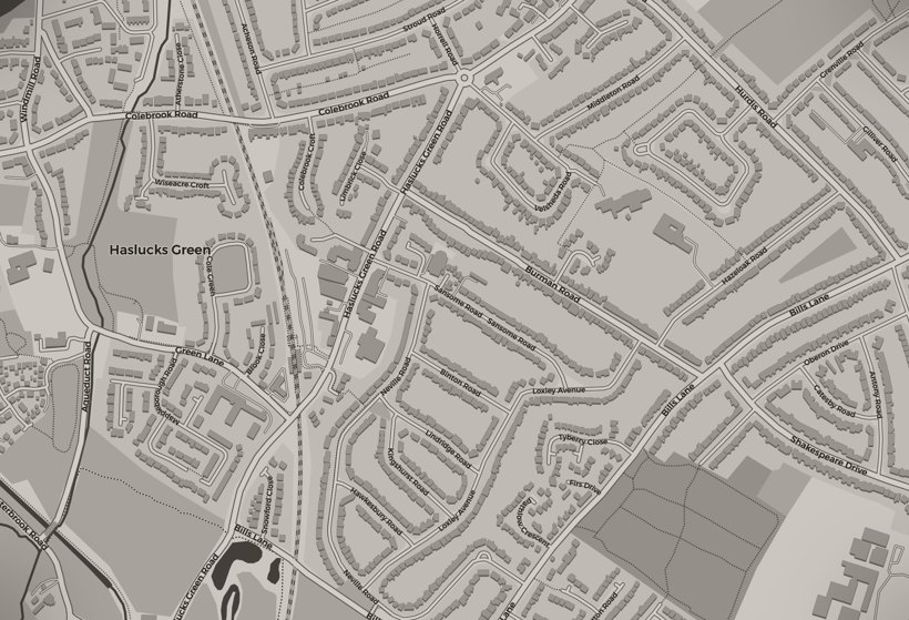 Street map of Shirley, Solihull centred on Sansome Road, B90 2BJ, with Shirley railway station nearby.
