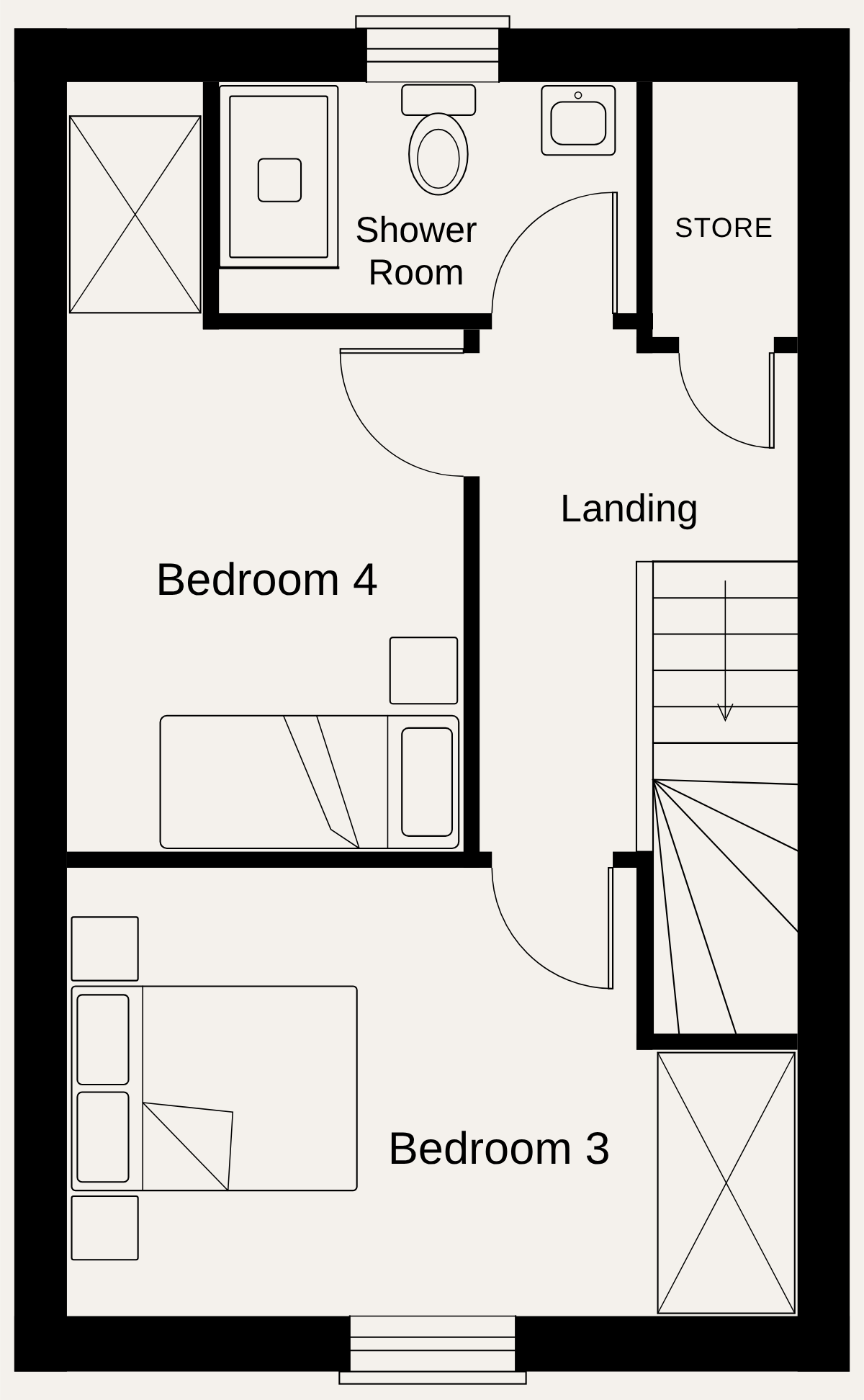 Type C second floor plan — Bedrooms 3 and 4 with shower room